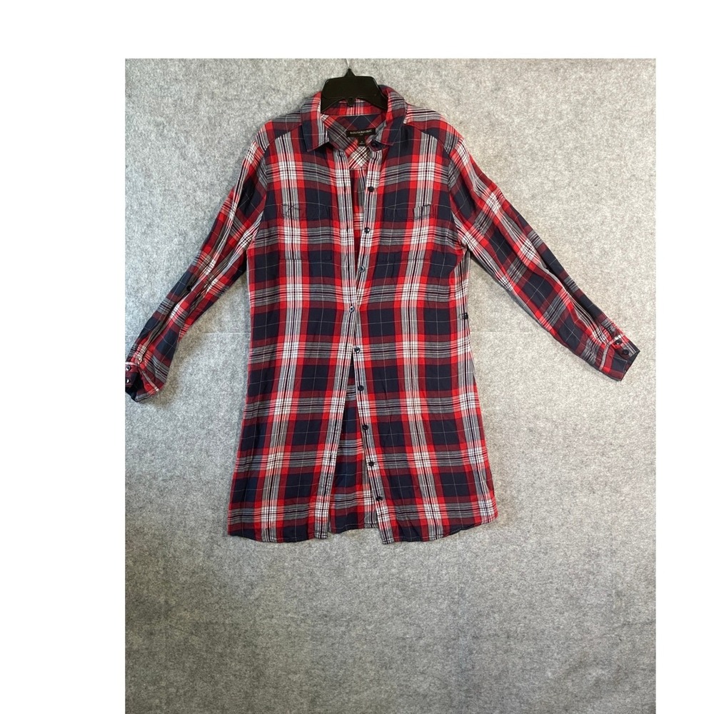 Banana Republic Plaid Shirt Dress Red Navy Blue Metallic Long Sleeve Womens 6